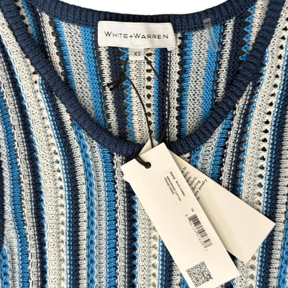 White + Warren Blue White Stripe Mercerized Cotton Fringe Midi Dress XS NEW Tags